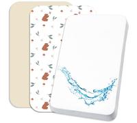 Lovely Hippo 2 sábanas bajeras ajustables de 100 % algodón + 1 protector de colchón 100 % material impermeable, juego 3X, compatible con Chicco, Kinderkraft (oso, 50 x 83 cm)