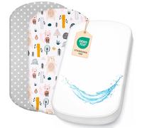 Lovely Hippo 2 sábanas bajeras ajustables de 100 % algodón + 1 protector de colchón de material 100 % impermeable, juego 3X, compatible con Chicco, Kinderkraft (animales del bosque, 43 x 83 cm)