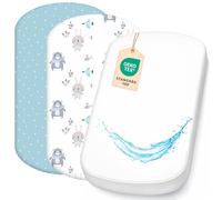 Lovely Hippo 2 sábanas bajeras ajustables de 100 % algodón y 1 protector de colchón de material 100 % impermeable, juego de 3 unidades, compatible con Kinderkraft, cama auxiliar (animales azules, 43 x