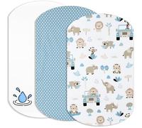 Lovely Hippo 2 Sabanas Minicuna Colecho 100% Algodon + 1 Protector de colchón Impermeable para minicuna Bebe - 50x83cm - Compatible con cunas, colchon (Safari Azul, 60 x 80 cm)