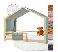Lovely Hippo Tela Cama Casita para Cama Montessori - Dosel Cama Compatible Cama Casita Montessori 80x160 y 90x190 cm (Eucalipto/Oro + Bolsa de Almacenamiento, Modelo 1 + Bolsa de Almacenamiento)