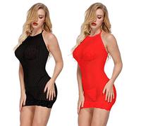 LOVELYBOBO 2 Pair Ropa Interior Rayada de Las Mujeres Mallas Mini Vestido Ropa de Dormir Sexy Crochet Malla Hueco-hacia Fuera Mini Vestido Chemise Medias Tirantes