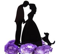 LOVENJOY with Gift Box Kissing Bride Groom and Dog Silhouette Wedding Cake Decoration Topper (5.3-inch, Black) by LOVENJOY
