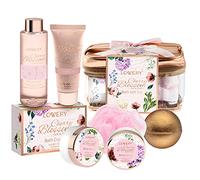LOVERY Cesta de regalo navideña para baño y cuidado del cuerpo para mujer, set de spa para el hogar Cherry Blossom, loción corporal, gel de ducha, bomba de baño extragrande, manteca corporal, exfoli