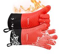 Loveuing Guantes de horno de silicona y algodón de doble capa, resistentes al calor, guantes de cocina, guantes de horno flexibles, perfectos para hornear y barbacoa, 1 par (rojo, largo, pequeño)