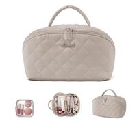 LOVEVOOK Bolsa de maquillaje de gran capacidad para mujer, bolsa de maquillaje portátil con divisor transparente y compartimento para brochas, Khaki, L (2-Piece Set) 25x14x13cm