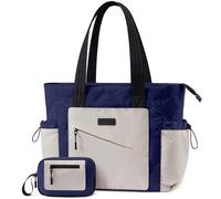 LOVEVOOK Bolso Mujer Grande Bolso Tote Mujer Portatil Trabajo Tote Bag Shopper para Universidad Viaje Oficina Trabajo Escuela (Blanco crema y azul marino, 15,6 pulgadas)