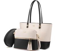 LOVEVOOK Bolso para mujer Shopper Bolso de hombro Monedero Bolso grande para mujer bolso de mano de 3 piezas, Beige-Negro