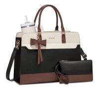 LOVEVOOK Laptop Handtasche Damen Groß Business Shopper Tasche PU Leder 2 in 1 Crossbody Tote Bag Handbag Elegant Arbeitstasche Aktentasche Lehrertasche für Büro Arbeit, Beige-negro-marrón, 17.3 Zoll