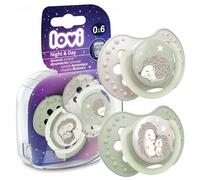 LOVI 2 chupetes de silicona dinámicos Night&Day Hedgehog luminoso, protege el reflejo de succión, seguro para la lactancia, seguro para mordeduras y hablas, antialérgico (0-6 m)