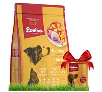 Lovira - Cibo secco per cani - Crocchette per cani - Senza cereali, con Alto contenuto di Carne, 50% anatra - Set con cibo umido in lattina al Cervo - adulti - 3 kg + 400 g