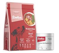 Lovira - Cibo secco per cani - Crocchette per cani - Senza cereali, con Alto contenuto di Carne, 50% manzo - Set con integratore 8 in 1 - adulti - 3 kg + 60 pezzi