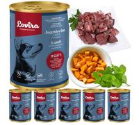 Lovira - Cibo umido per cani - con 74,6% di Carne, Senza cereali - agnello - con Zucca ed erbe aromatiche, Senza additivi artificiali - per cani adulti sensibili - 6 x 400 g