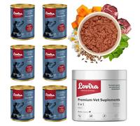 Lovira - Cibo umido per cani - con 74,6% di Carne, Senza cereali - agnello - Set con integratore 8 in 1 - Zucca ed erbe aromatiche - per cani adulti - 6 x 400 g + 60 pezzi