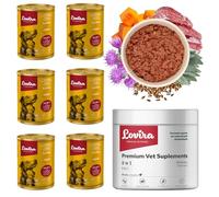 Lovira - Cibo umido per cani - con 74,6% di Carne, Senza cereali - anatra - Set con integratore 8 in 1 - Zucca ed erbe aromatiche - per cani adulti - 6 x 400 g + 60 pezzi