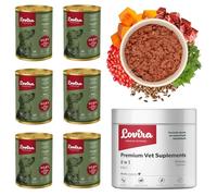 Lovira - Cibo umido per cani - con 92,6% di Carne, Senza cereali - capriolo - Set con integratore 8 in 1 - Zucca ed erbe aromatiche - per cani adulti - 6 x 400 g + 60 pezzi