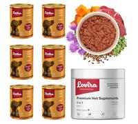 Lovira - Cibo umido per cani - con 92,6% di Carne, Senza cereali - Cervo - Set con integratore 8 in 1 - Zucca ed erbe aromatiche - per cani adulti - 6 x 400 g + 60 pezzi