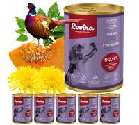 Lovira - Cibo umido per cani - con 92,6% di Carne, Senza cereali - fagiano - con Zucca ed erbe aromatiche, Senza additivi artificiali - per cani adulti sensibili - 6 x 400 g
