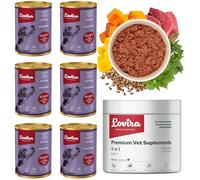 Lovira - Cibo umido per cani - con 92,6% di Carne, Senza cereali - fagiano - Set con integratore 8 in 1 - Zucca ed erbe aromatiche - per cani adulti - 6 x 400 g + 60 pezzi