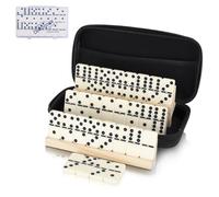 LOVITERRA Juego de Dominó Doble 6 para Adultos, Dominós Duraderos de 28 Piezas con 4 Estanterías de Madera y Estuche de Transporte, Juegos de Mesa Clásicos, Juego de Viaje Portátil