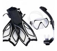 LOVIVER Aletas y Máscara Kit de Buceo Conjunto Completo Incluye Tubo Seco Gafas Campo Amplio Aletas Talón Abierto Correas Regulables Silicona Hipoalergénica, Negro, M