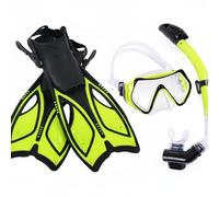 LOVIVER Aletas y Máscara Kit de Buceo Conjunto Completo Incluye Tubo Seco Gafas Campo Amplio Aletas Talón Abierto Correas Regulables Silicona Hipoalergénica, Amarillo, M