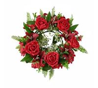 LOVIVER Corona de Rosas Arreglo Floral Artificial Lirios Soporte para Velas en Seda Resistente Adecuada para Cenas Bodas Fiestas Decoración Interna, Rojo, 35CM