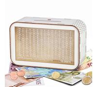 LOVLEY Hucha 10000 Euros con Contador - Huchas Originales para Adultos y Niños - Caja de Ahorro de Madera Reutilizable para Billetes y Monedas - Hucha Ahorro Decorativa Blanca (Mapa del Mundo)