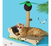 LOVMIOAW Hamaca para gatos con poste rascador de palmera de coco, cartón corrugado duradero y cuerda de sisal, cama elevada para gatos de interior, divertido diseño de palmera con juguete para colgar
