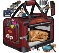 LOVPET® Caja de Transporte para Perro y Gato, Bolsa Plegable, Incl. Comedero y Bandolera, XXXL - 102x69x69cm - Burdeos/Rojo