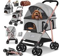 LOVPET® Carro 2 en 1 para Perros, Bolsa de Transporte Plegable con Ventanas de Malla y Cubierta de Protección, Hasta 20 kg - Gris Claro