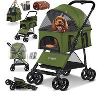 LOVPET Cochecito para perros 2 en 1, bolsa de transporte, plegable, hasta 20 kg, con ventana de red, soporte para bebidas, cubierta de lluvia y manta para correr para mascotas