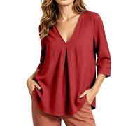 Lovraj Blusa de verano para mujer, de algodón holgado, túnica de manga 3/4, con cuello en V profundo y pliegue decorativo en el pecho, parte superior ligera y de color liso, blusa informal de somemr