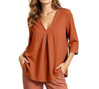 Lovraj Blusa de verano para mujer, de algodón holgado, túnica de manga 3/4, con cuello en V profundo y pliegue decorativo en el pecho, parte superior ligera y de color liso, blusa informal de somemr