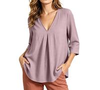 Lovraj Blusa de verano para mujer, de algodón holgado, túnica de manga 3/4, con cuello en V profundo y pliegue decorativo en el pecho, parte superior ligera y de color liso, blusa informal de somemr