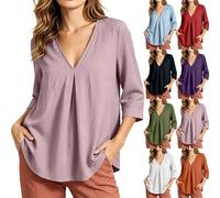 Lovraj Blusa de verano para mujer, de algodón holgado, túnica de manga 3/4, con cuello en V profundo y pliegue decorativo en el pecho, parte superior ligera y de color liso, blusa informal de somemr