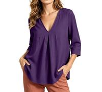 Lovraj Blusa de verano para mujer, de algodón holgado, túnica de manga 3/4, con cuello en V profundo y pliegue decorativo en el pecho, parte superior ligera y de color liso, blusa informal de somemr
