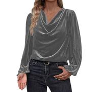 Lovraj Blusas de manga larga de terciopelo para mujer, cuello en V, plisado, manga larga, monocolor, jersey de terciopelo, gris, M