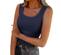 Lovraj Camiseta de tirantes para mujer, corte ajustado, de punto, sin mangas, de verano, monocolor, cuello en U, camiseta de tirantes elástica, camiseta interior cómoda, ropa de calle, marine, L