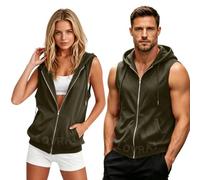 Lovraj Chaleco con capucha unisex para mujer y hombre, chaleco de forro polar, sin mangas, con cremallera, con bolsillos, chaleco acolchado ligero, chaleco de entretiempo, Verde militar., S
