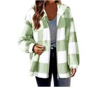 Lovraj Chaqueta de peluche para mujer con capucha, tallas grandes, a cuadros, chaqueta de invierno, chaqueta de forro polar cálida, verde, M