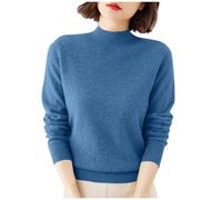 Lovraj Jersey de punto para mujer con cuello alto, elegante, monocolor, manga larga, jersey de punto suave, jersey básico de punto, ligero y cómodo, ajuste holgado, azul, S