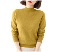 Lovraj Jersey de punto para mujer con cuello alto, elegante, monocolor, manga larga, jersey de punto suave, jersey básico de punto, ligero y cómodo, ajuste holgado, amarillo, M