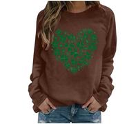 Lovraj Sudadera para mujer sin capucha de manga larga con estampado de trébol corazón irlandés festivo cuello redondo jersey de forro polar Lucky Irish St Patricio Día Tops, marrón, L