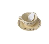 LOVSSU Taza Y Plato Taza y Plato de café Retro francés Color Crema, Taza de Desayuno, Plato de Comedor de cerámica de 350 ml para Decorativas(Black Letters)