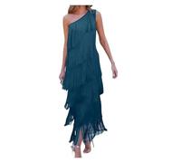 LOVSSU Vestido Flecos Vestido Elegante con diseño de borlas y Flecos for Noche for Mujer, Largo de un Hombro, for cóctel, Fiesta de graduación y Baile. para Mujer(Lake Blue,XL)