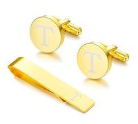 LOYALLOOK Juego de gemelos con inicial negra y clip de corbata para hombres, gemelos de cobre personalizados y barra de corbata, letras del alfabeto A-Z, regalo para padre marido, Metal, Cobre