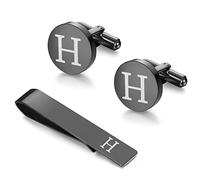 LOYALLOOK Juego de gemelos con inicial negra y clip de corbata para hombres, gemelos de cobre personalizados y barra de corbata, letras del alfabeto A-Z, regalo para padre marido, Metal, Cobre