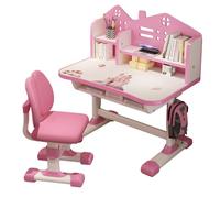 loyliawa Juego de escritorio y silla para niños, soporte para libros, silla de escritorio ampliada, diseño de dibujos animados, altura ajustable, mesa de cajón de estudio con sillas, color rosa