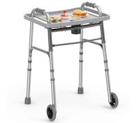 Loyoda Andador plegable con bandeja, ruedas de 5 pulgadas, andadores ligeros para personas mayores y adultos, soporta hasta 350 libras, altura ajustable, andador estándar compacto, plateado